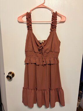 Inspired Hearts Mauve Rose Ruffle Tiered Mini Dress Large Smocked Tie Front